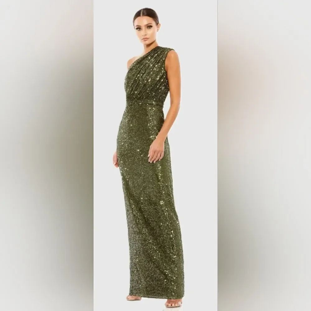 Mac Duggal 26694 Sequined Ruched One Shoulder Gown NWT Size 14 Olive Green